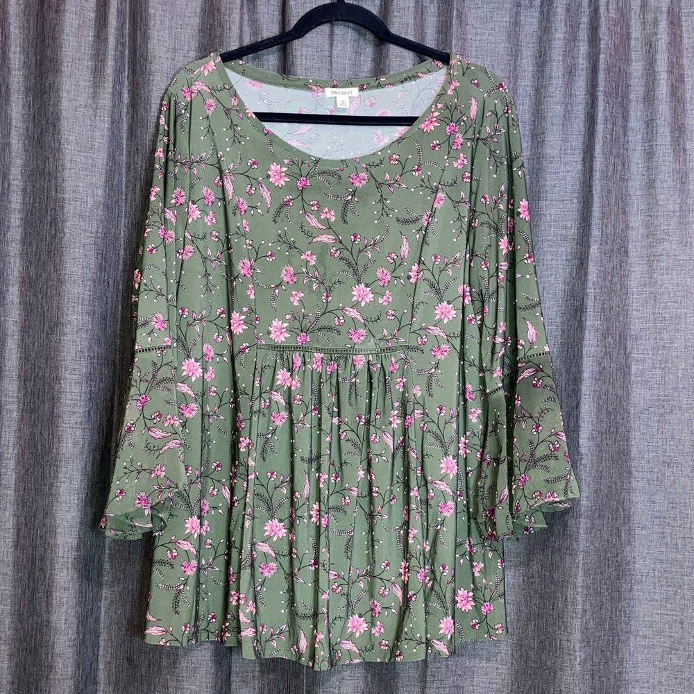 Westport Green Floral Blouse with Pink Accents